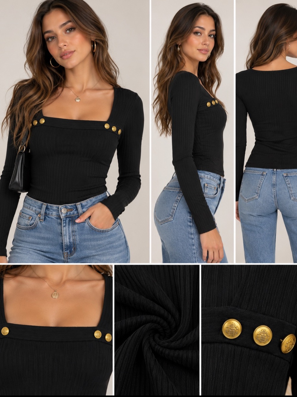 love J Black Ribbed Square-Neck Long Sleeve Top with Gold Buttons